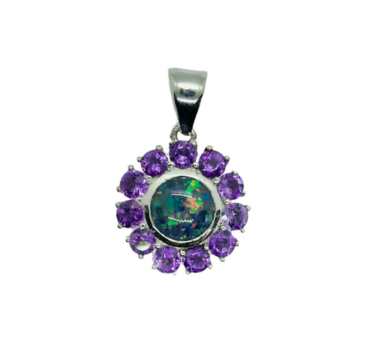 Opal Triplet & Amethyst Sterling Silver Mini Mandala Necklace