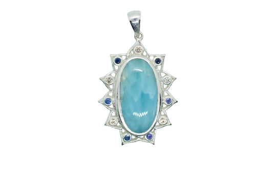 Larimar Lotus Pendant with Zircon and Blue Sapphires