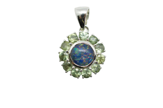 Opal Triplet  & Green Sapphire Sterling Silver Mini Mandala Necklace
