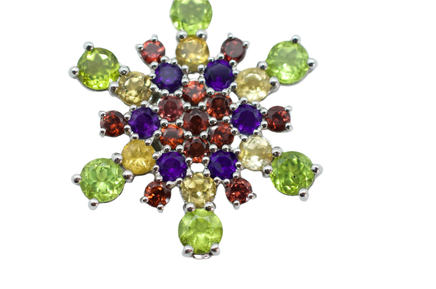 Mt. Ritter Amethyst, Garnet, Citrine, Peridot Sterling Silver Snowflake Necklace