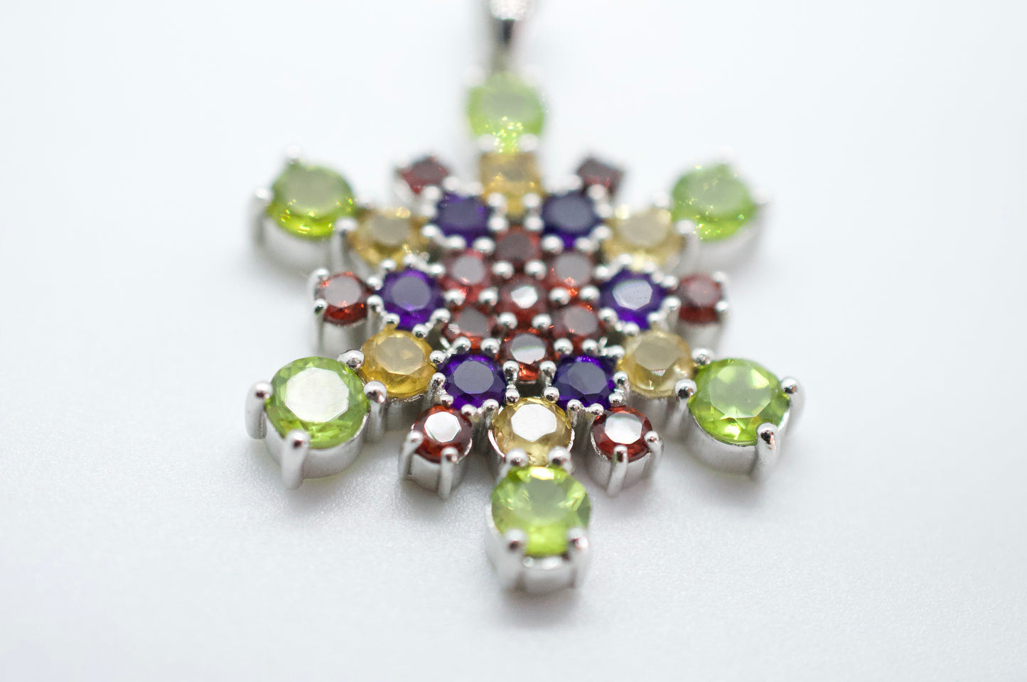 Mt. Ritter Amethyst, Garnet, Citrine, Peridot Sterling Silver Snowflake Necklace