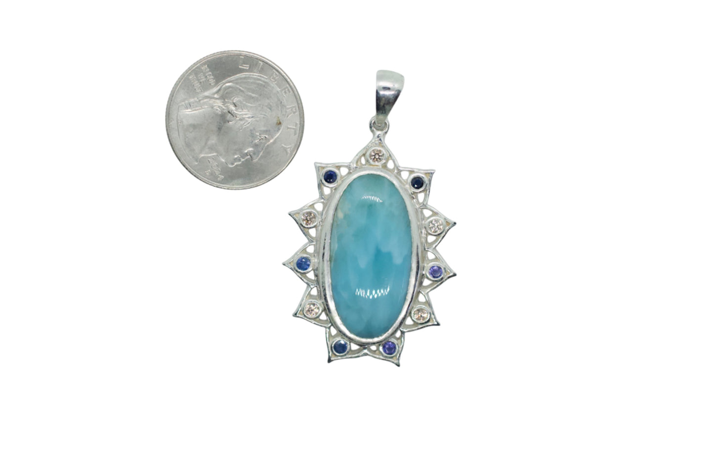 Larimar Lotus Pendant with Zircon and Blue Sapphires