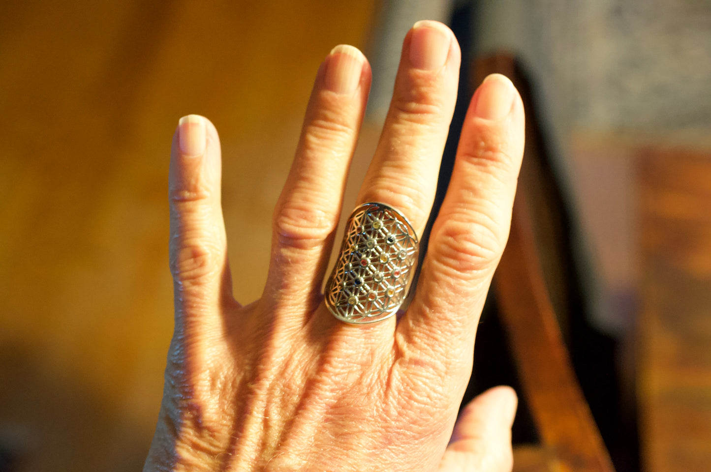 Sapphire Flower of Life Silver Ring Size 7