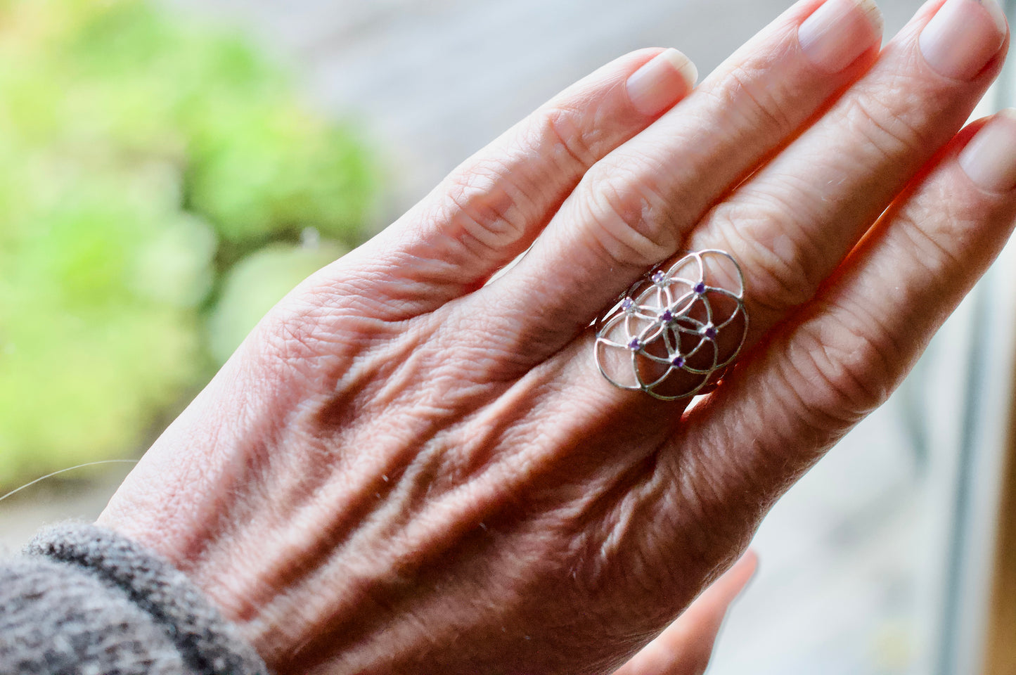 Seed of Life Purple Amethyst Sterling Silver Ring