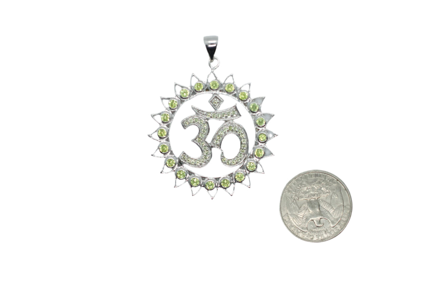 Om Shanti Lotus Gemmed Sterling Silver Pendant Peridot & Green Sapphire