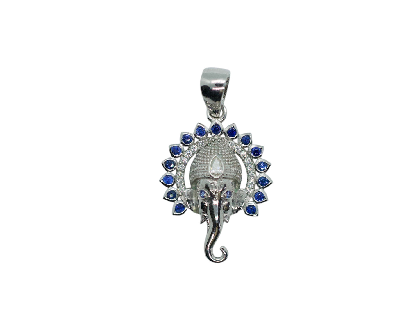 Small Jai Ganesha Sterling Silver Pendant Blue Sapphires and Diamond