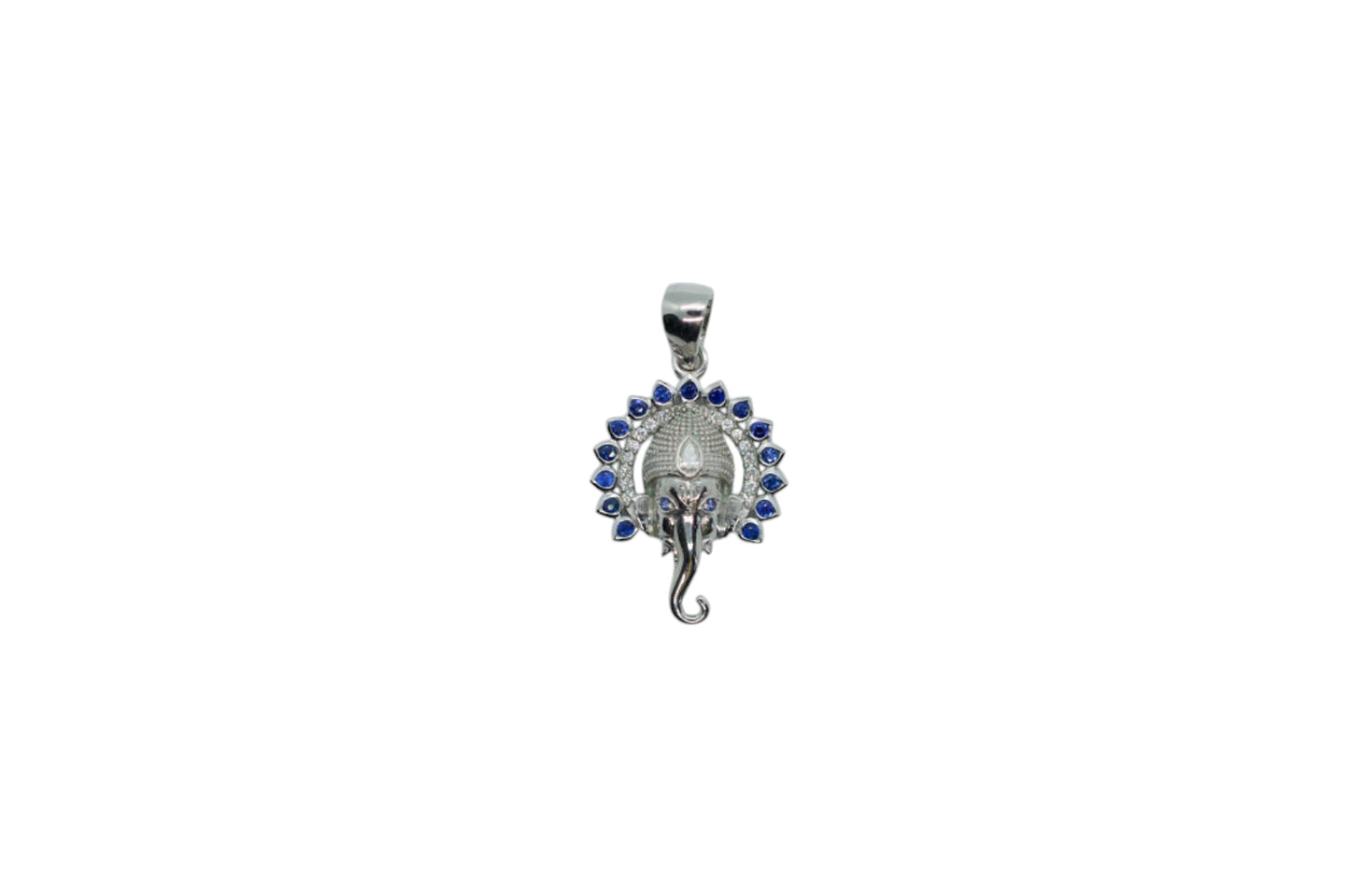 Small Jai Ganesha Sterling Silver Pendant Blue Sapphires and Diamond