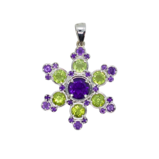 Kaweah Purple Amethyst & Green Peridot Snowflake Mandala Pendant