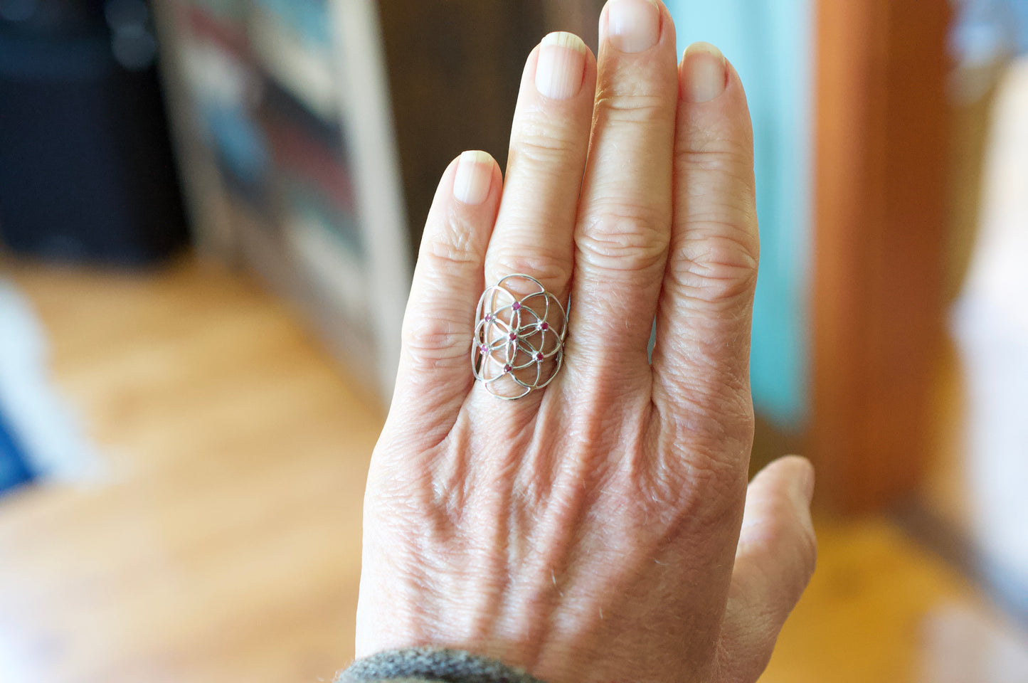 Seed of Life Red Ruby Sterling Silver Ring