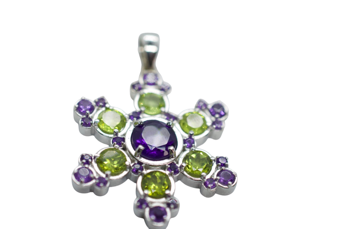 Kaweah Purple Amethyst & Green Peridot Snowflake Mandala Pendant