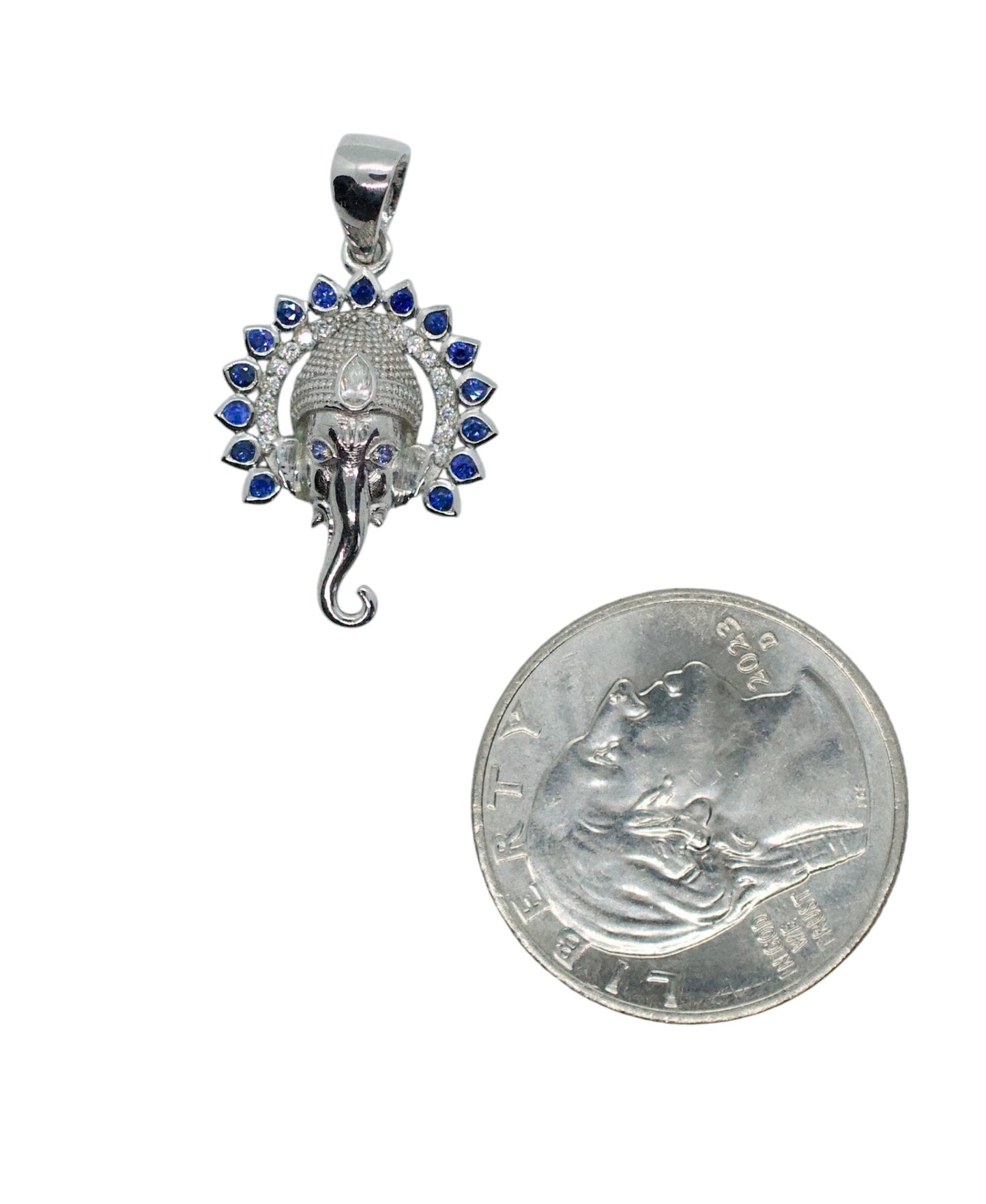 Small Jai Ganesha Sterling Silver Pendant Blue Sapphires and Diamond