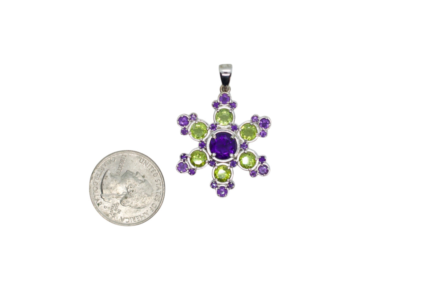 Kaweah Purple Amethyst & Green Peridot Snowflake Mandala Pendant