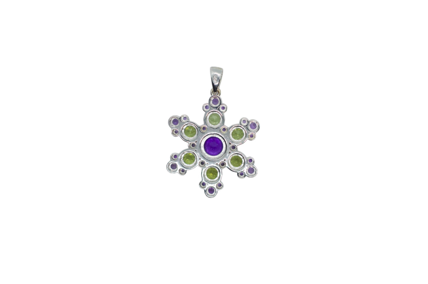 Kaweah Purple Amethyst & Green Peridot Snowflake Mandala Pendant