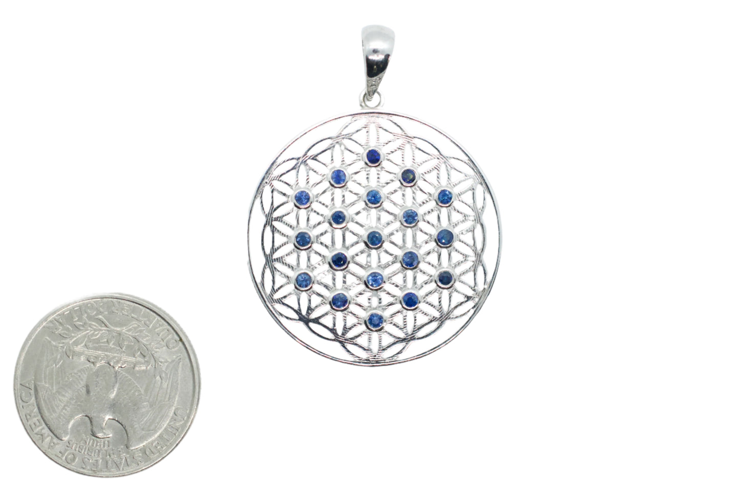 Blue Sapphire Silver Flower of Life Necklace