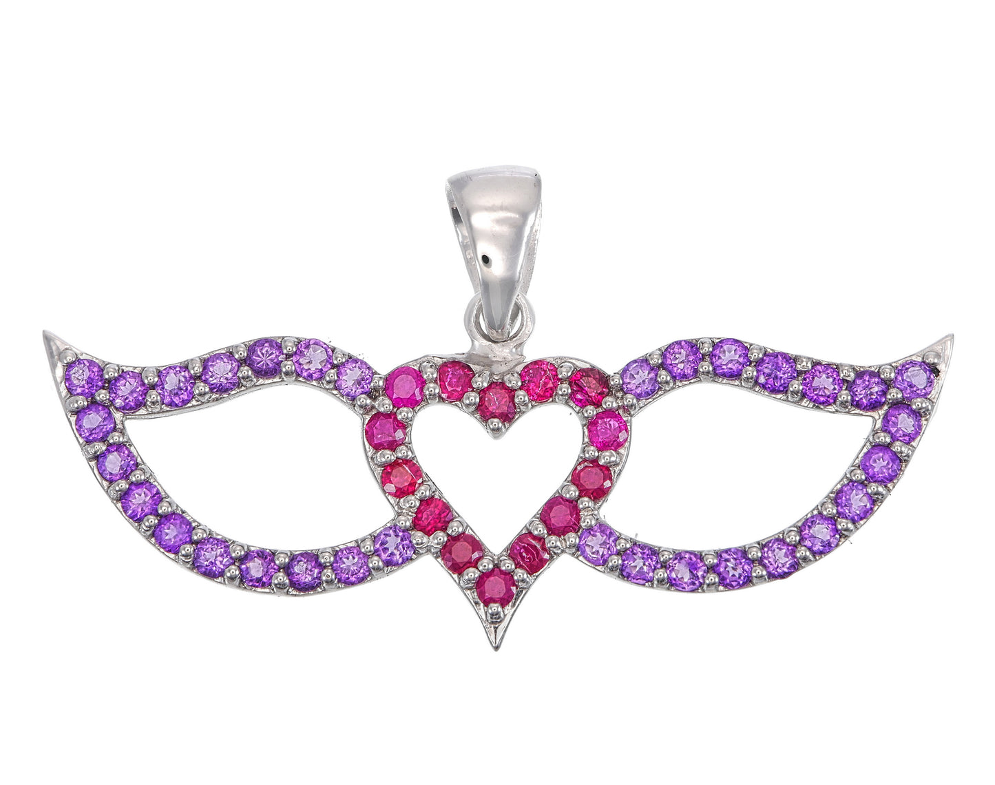 Red Ruby & Purple Amethyst Heart with Wings Silver Necklace – Romantic Gemstone Jewelry Gift for Her