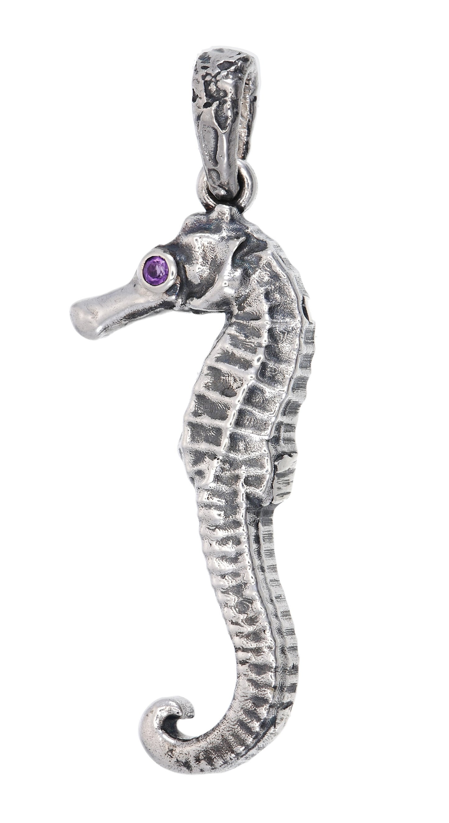 Silver seahorse pendant with a purple gemstone on a white background