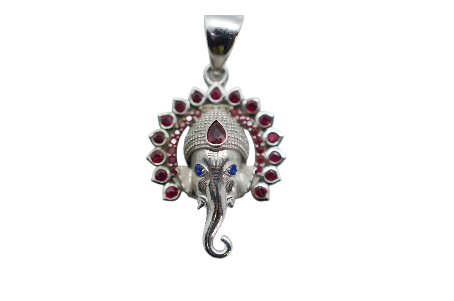 Small Jai Ganesha Silver Pendant - Rubies & Blue Sapphires