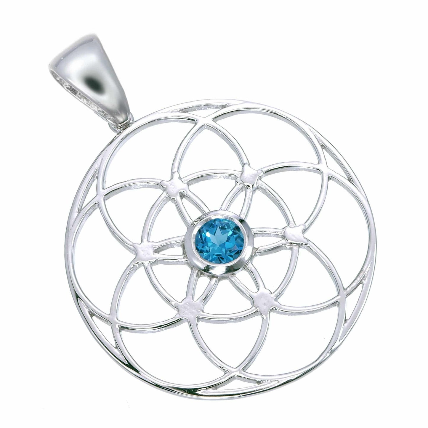 Seed of Life Sterling Silver Pendant with Blue Topaz 30mm