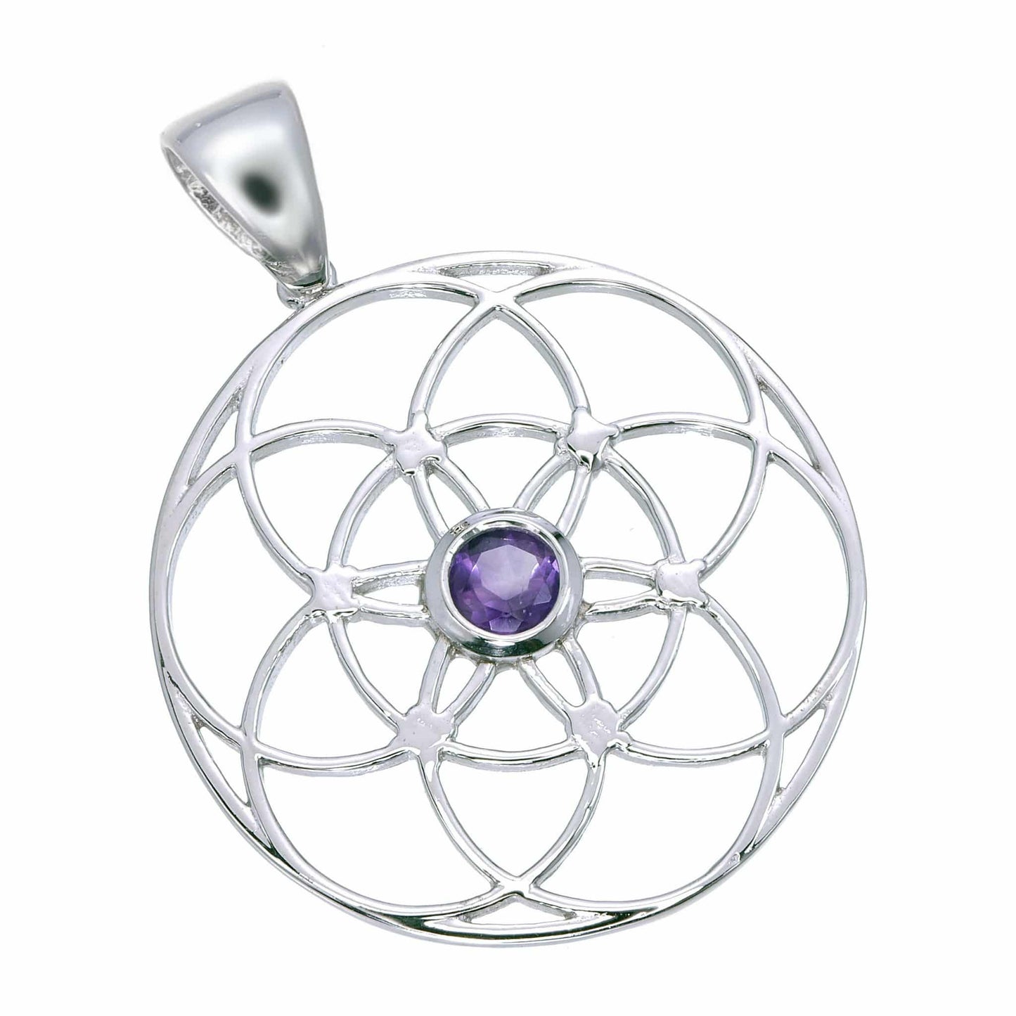 Amethyst Sterling Silver Seed of Life Pendant 40 mm