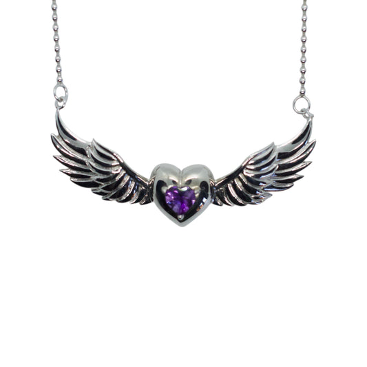 Owsley LSD  Winged Heart Silver Amethyst Necklace