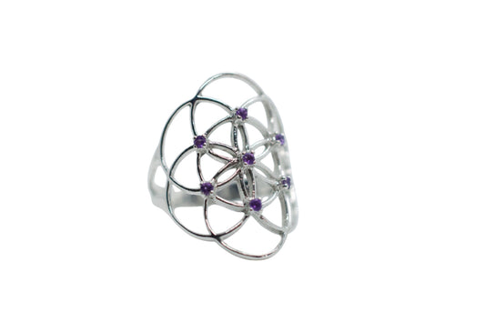 Seed of Life Purple Amethyst Sterling Silver Ring