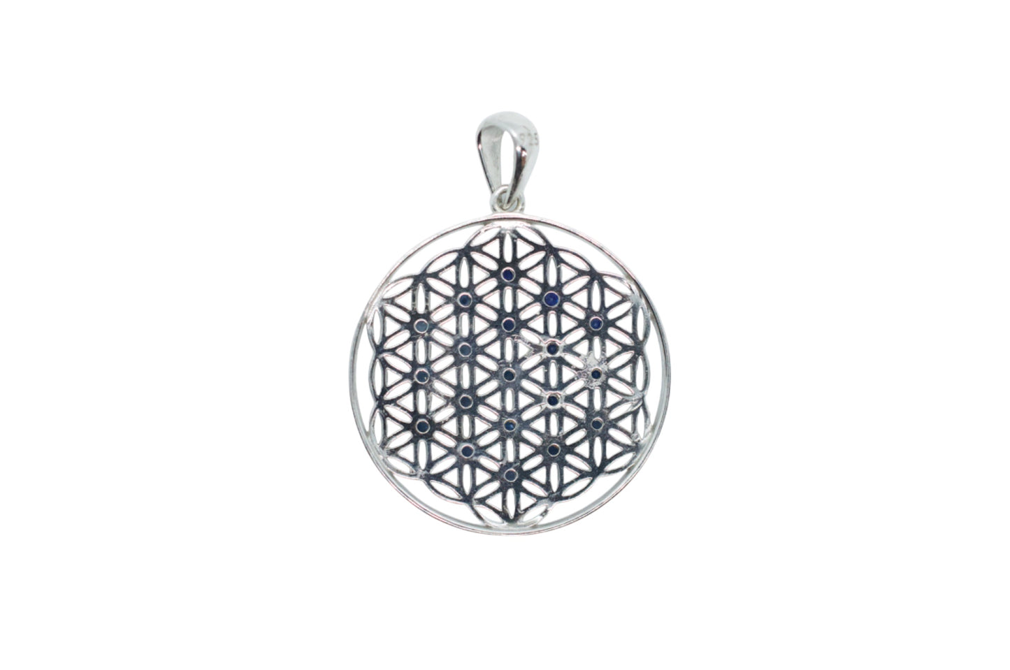 Blue Sapphire Silver Flower of Life Necklace