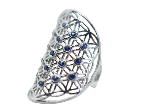 Blue Sapphire Flower of Life Silver Ring Size 8