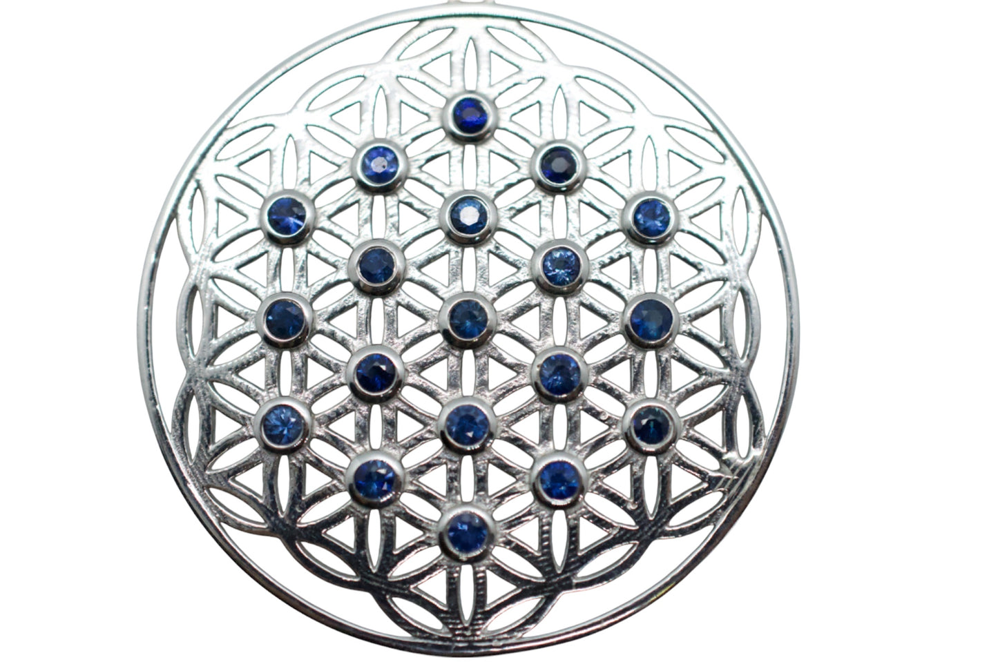 Blue Sapphire Silver Flower of Life Necklace
