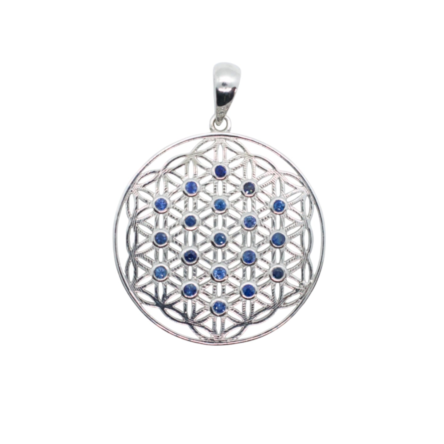 Blue Sapphire Silver Flower of Life Necklace