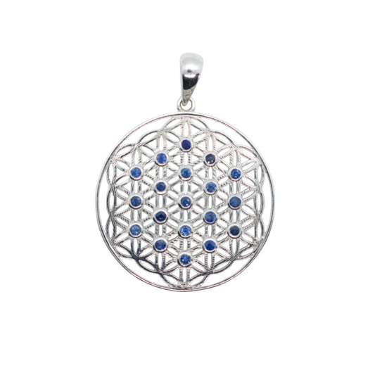 Blue Sapphire Silver Flower of Life Necklace
