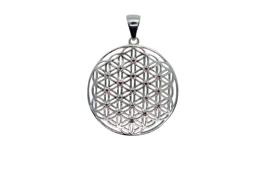 Seed Garnet Silver Flower of Life Necklace