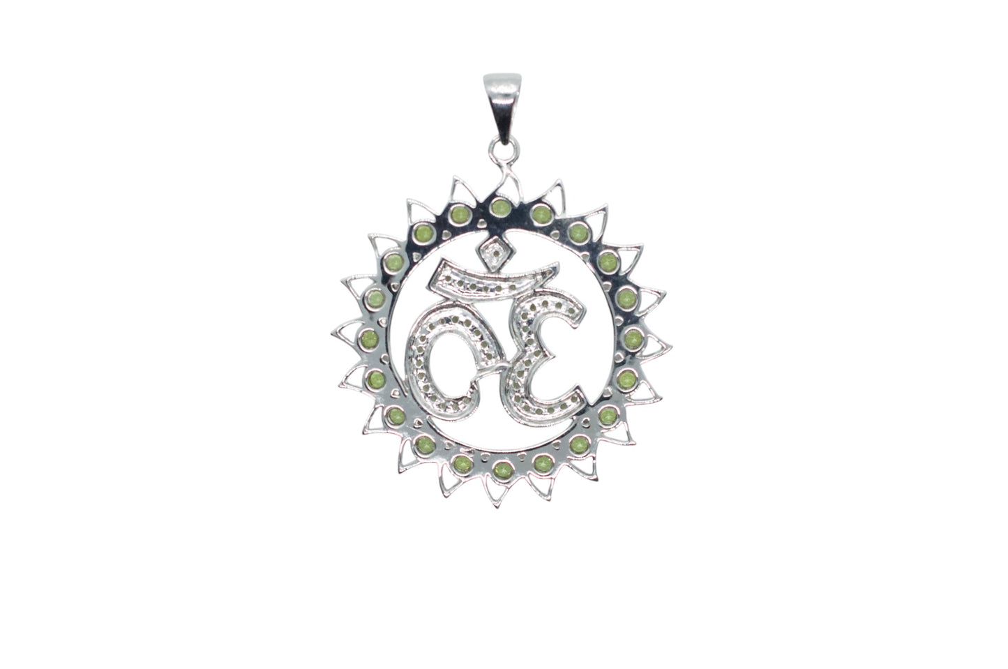 Om Shanti Lotus Gemmed Sterling Silver Pendant Peridot & Green Sapphire