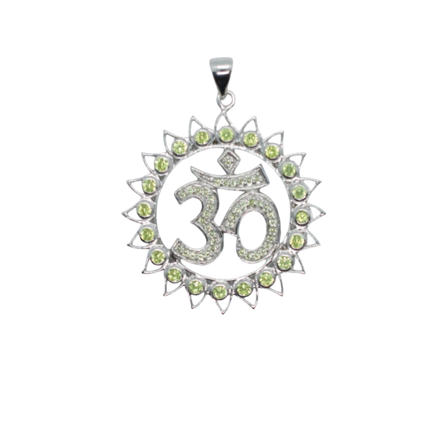 Om Shanti Lotus Gemmed Sterling Silver Pendant Peridot & Green Sapphire