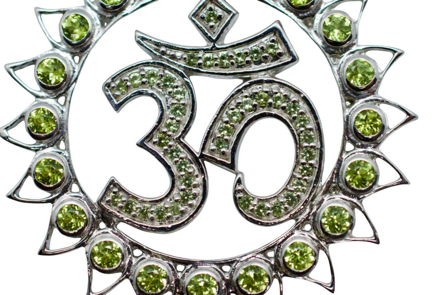 Om Shanti Lotus Gemmed Sterling Silver Pendant Peridot & Green Sapphire