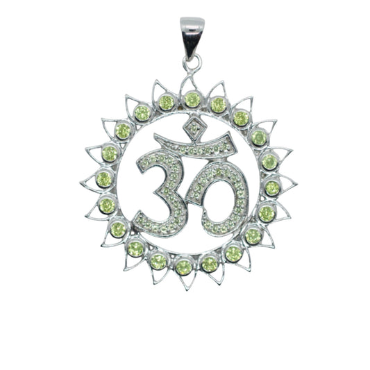 Om Shanti Lotus Gemmed Sterling Silver Pendant Peridot & Green Sapphire