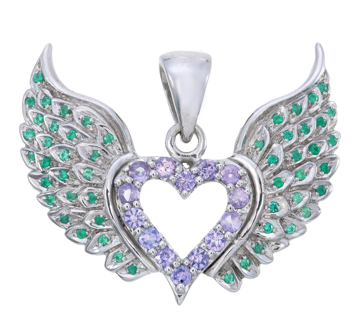 Sapphire Heart & Emerald Angel Wings Pendant Necklace | Sterling Silver | Jai 108 Presents