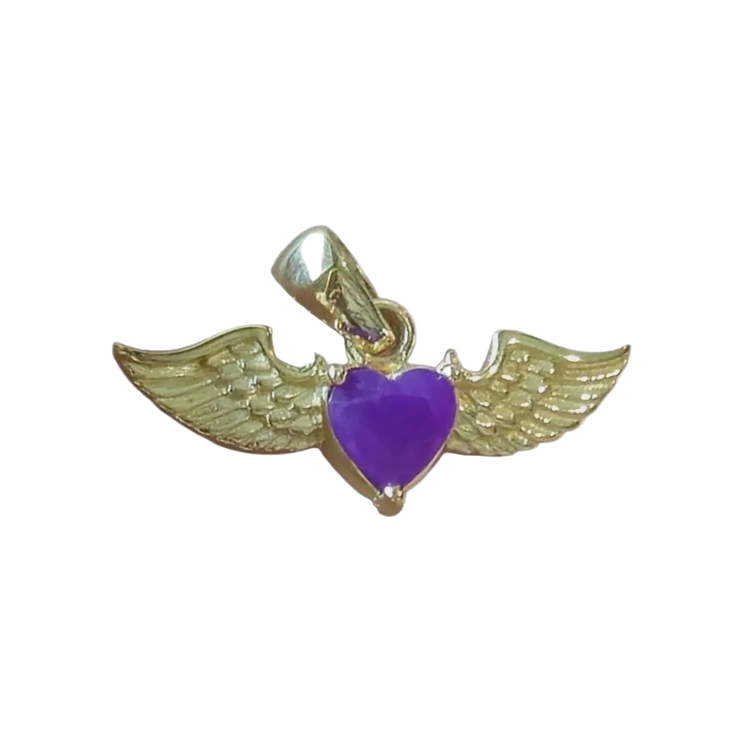 Gold winged heart pendant with a purple heart on a white background