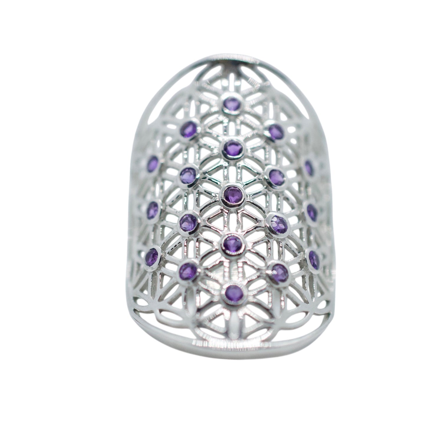 Purple Amethyst Flower of Life Silver Ring Size 6.5