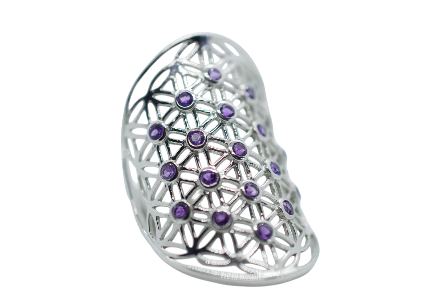 Purple Amethyst Flower of Life Silver Ring Size 6.5