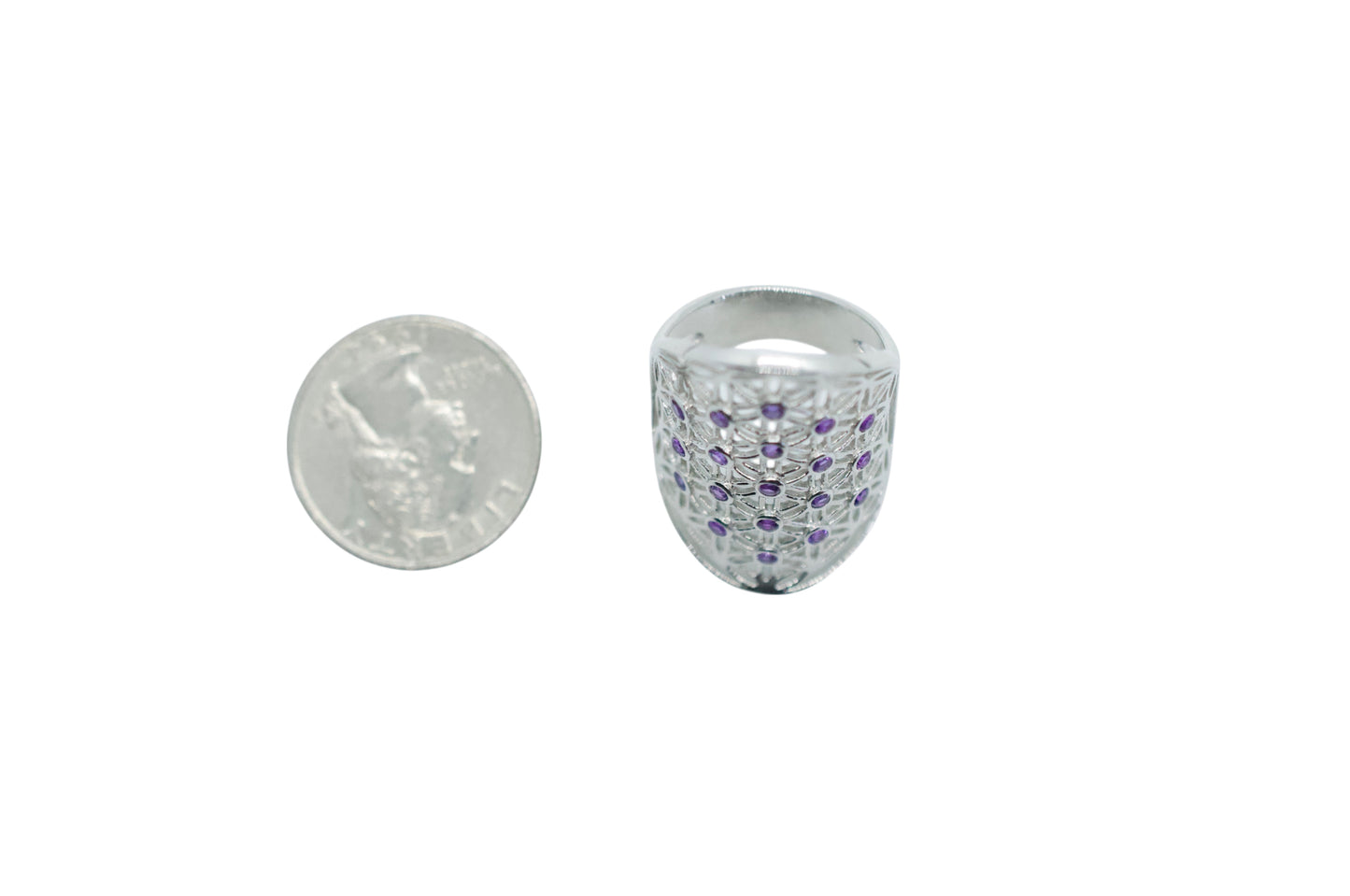 Purple Amethyst Flower of Life Silver Ring Size 6.5