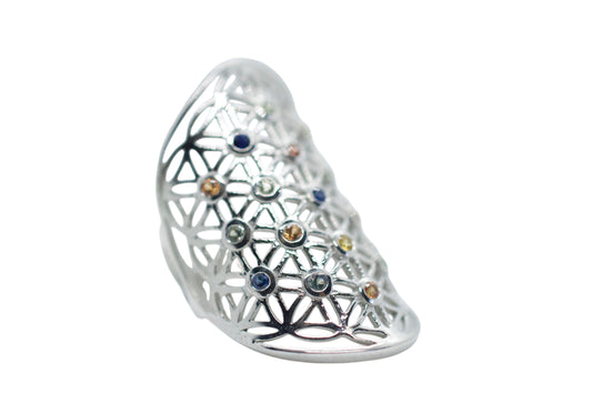 Sapphire Flower of Life Silver Ring Size 7