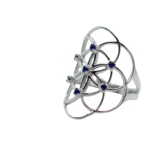 Seed of Life Blue Sapphire Sterling Silver Ring
