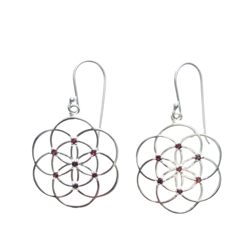 Love and a Dream Seed of Life Sterling Silver Earrings with Garnet or Chrome Diopside