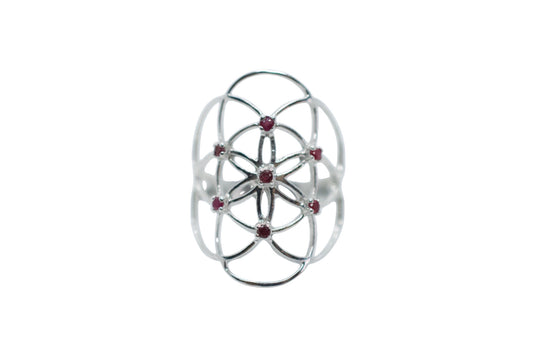 Seed of Life Red Ruby Sterling Silver Ring