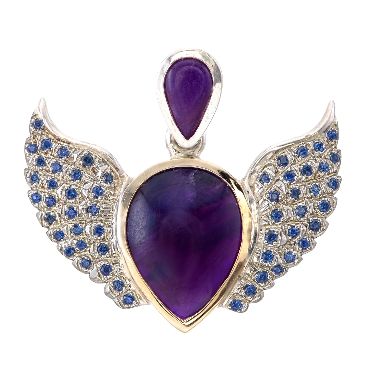 Jewelry pendant with purple stones and blue accents on a white background