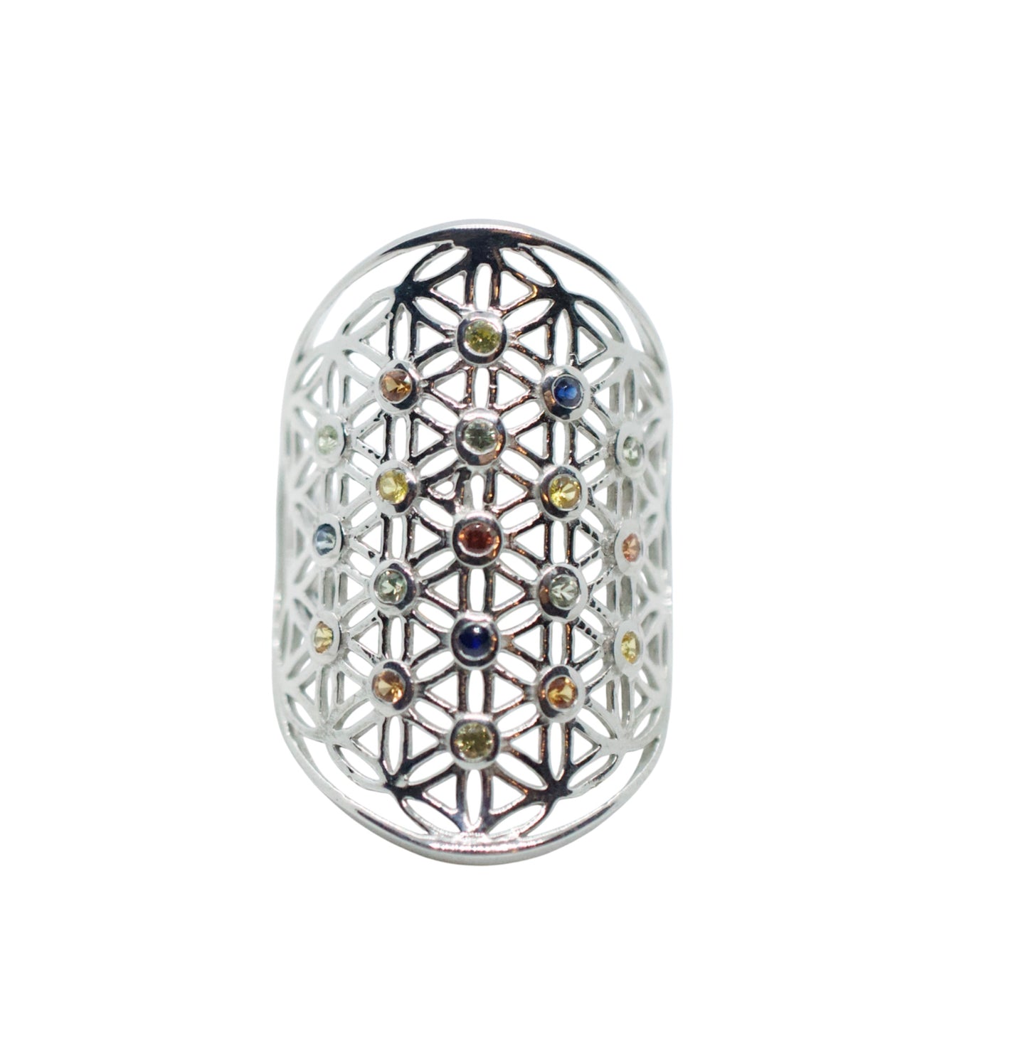 Sapphire Flower of Life Silver Ring Size 9