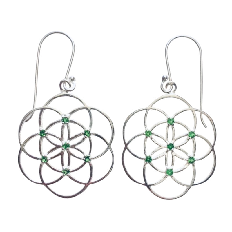 Love and a Dream Seed of Life Sterling Silver Earrings with Garnet or Chrome Diopside