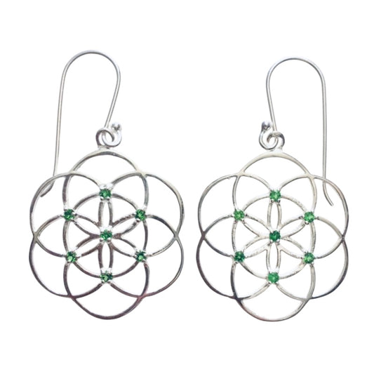 Love and a Dream Seed of Life Sterling Silver Earrings with Garnet or Chrome Diopside