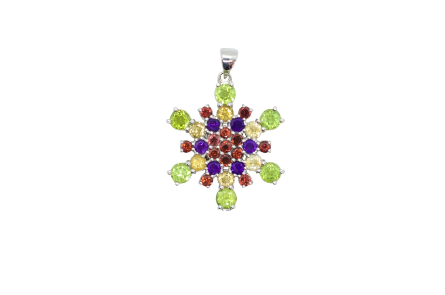 Mt. Ritter Amethyst, Garnet, Citrine, Peridot Sterling Silver Snowflake Necklace
