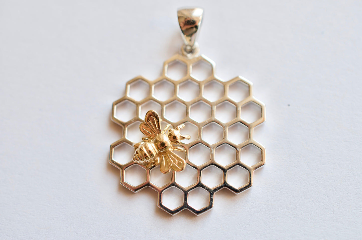 Silver Honeycomb and Gold Bee Necklace